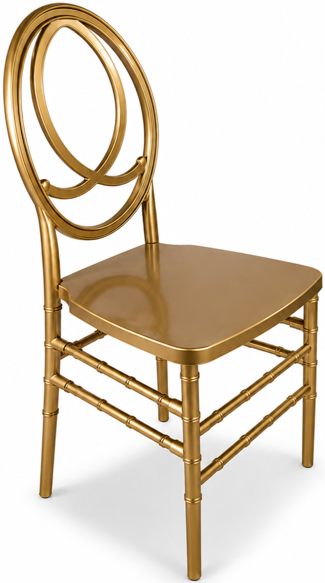 Gold-colored chair with a decorative oval backrest and a flat seat