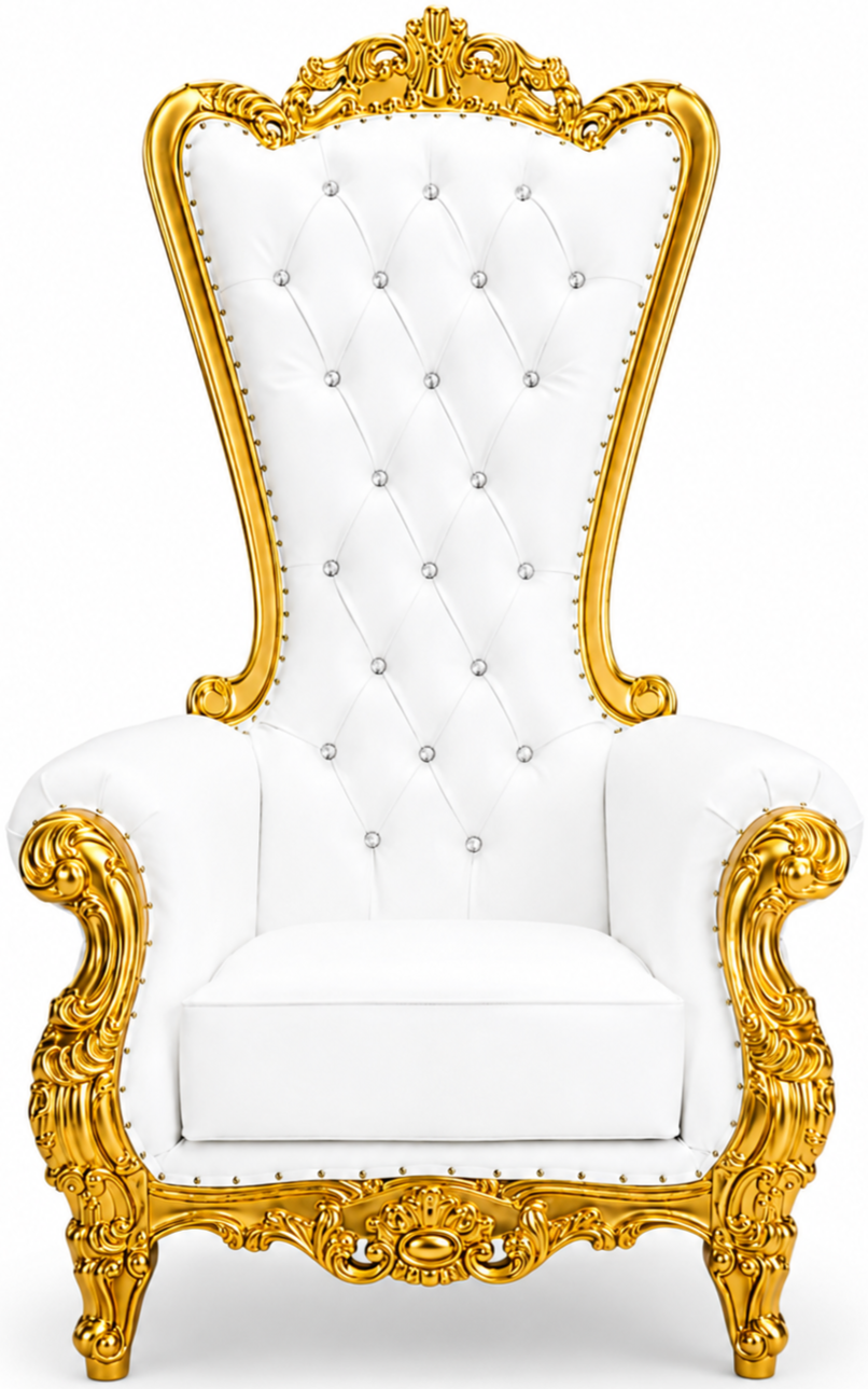 A luxurious white and gold throne chair with ornate carvings and upholstery.