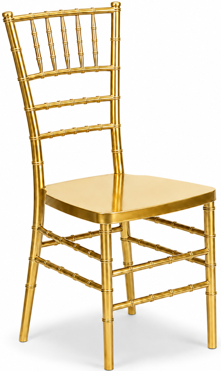 A gold-colored chair with a bamboo-style design, featuring a slatted backrest and four legs, set against a white background.