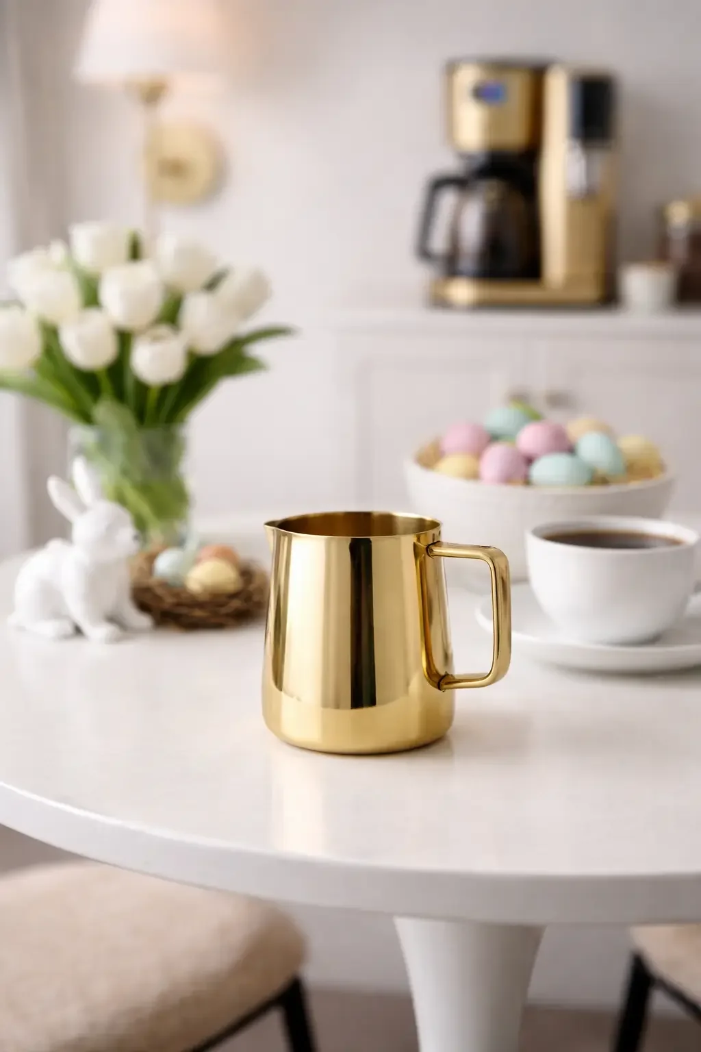 Goldenes Milchkännchen auf weißem Tisch mit Kaffee, weißen Tulpen und pastellfarbener Osterdeko im Hintergrund
