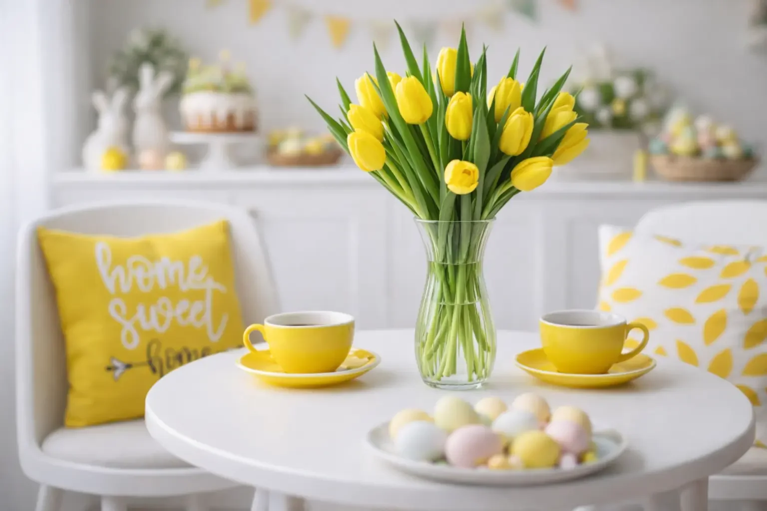 Gelbe Tulpen in Glasvase auf weißem Rundtisch mit gelben Tassen als frische Osterdeko in der Küche