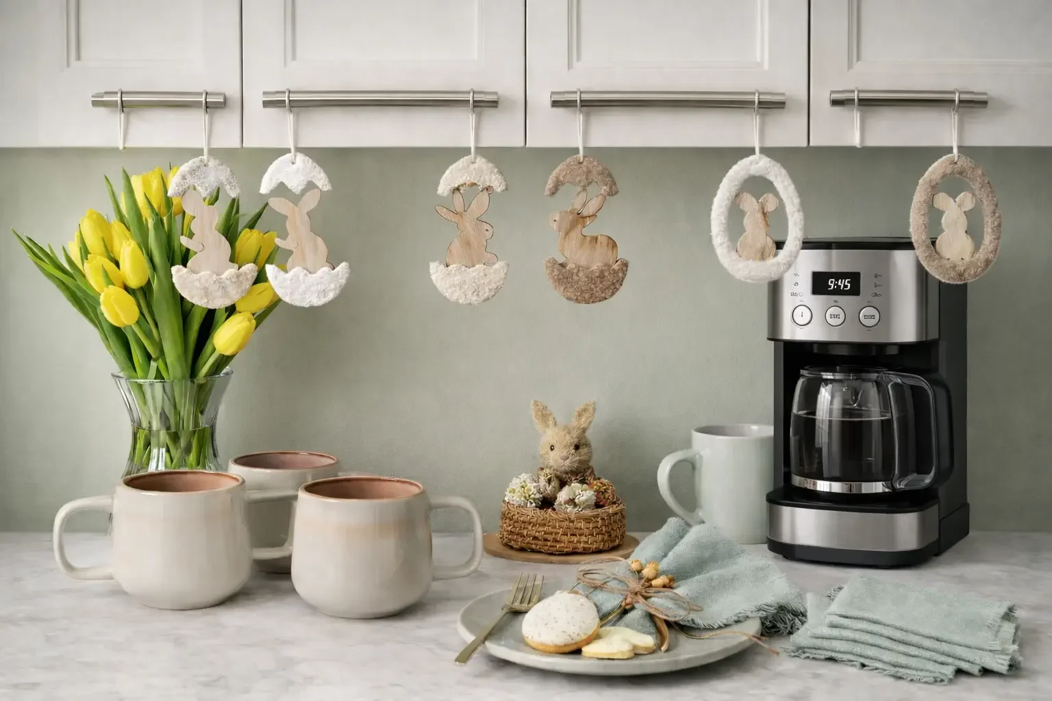 Osterhasen-Anhänger an Schrankgriffen über einer Kaffee-Ecke mit Tulpen, Kaffeemaschine und gedecktem Teller