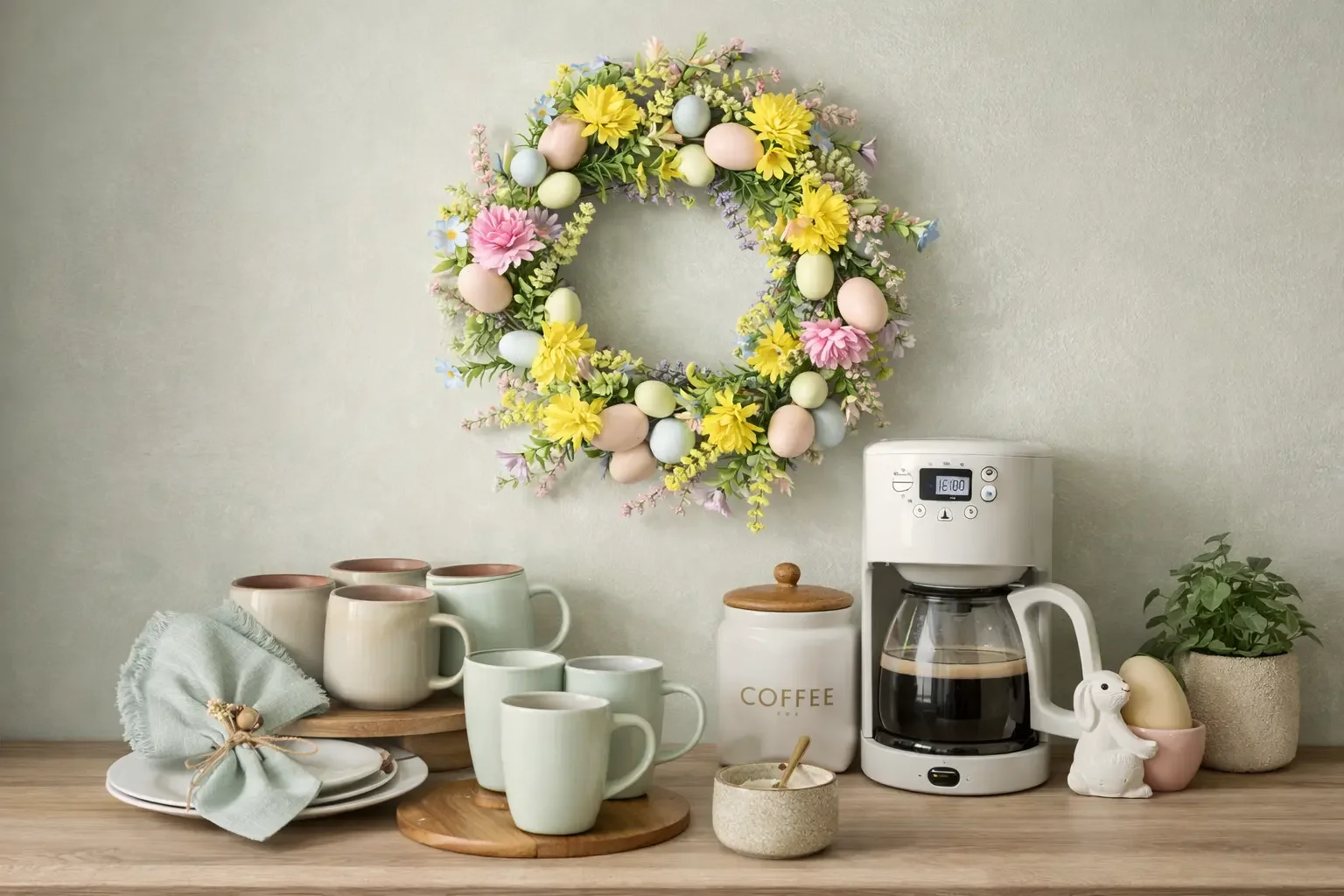 Kaffee-Ecke mit floralem Osterkranz, pastellfarbenen Tassen, Leinenserviette und weißer Kaffeemaschine