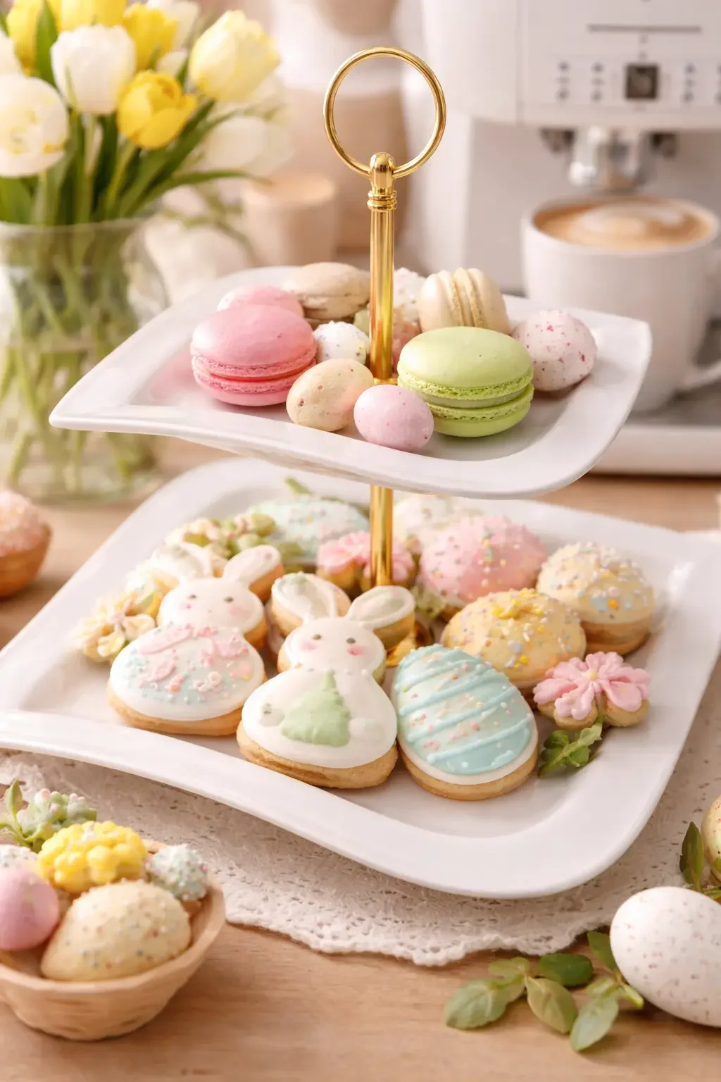 Weiße Etagere mit bunten Macarons, Osterkeksen und kleinen Schoko-Eiern auf einer festlichen Kaffee-Ecke