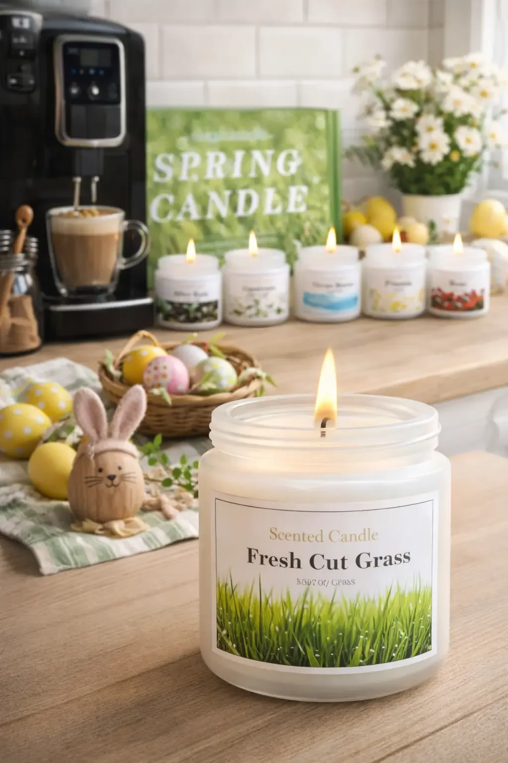 Frühlingshafte Duftkerzen vor Kaffeemaschine mit Osterdeko und Ostereiern auf einer gemütlichen Kaffee-Ecke