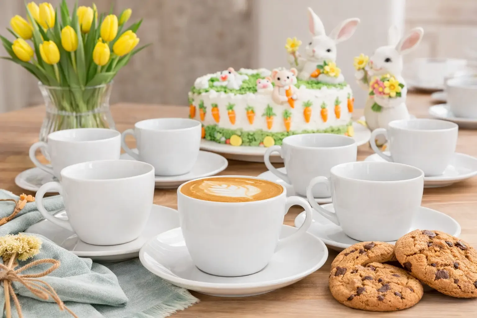 Weißes Kaffeeservice mit Osterkuchen, Tulpen und Keksen auf einem festlich gedeckten Tisch zu Ostern