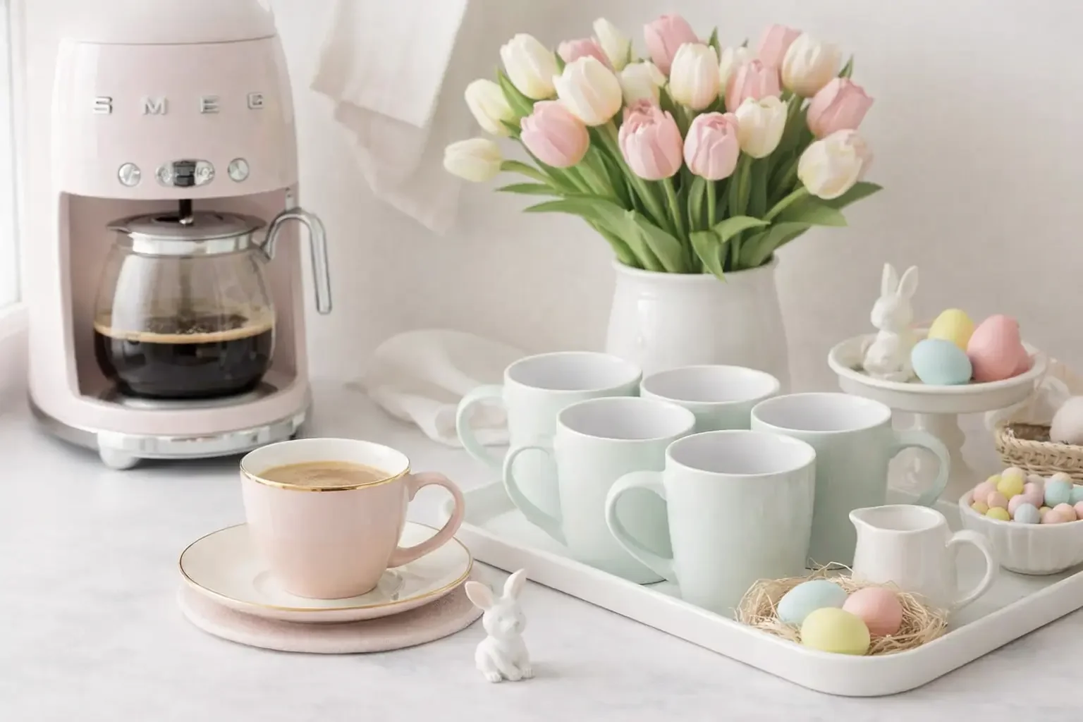 Pastellfarbene Kaffee-Ecke mit rosa Kaffeemaschine, Tulpen, Tassen und Ostereiern in heller Frühlingsdekoration