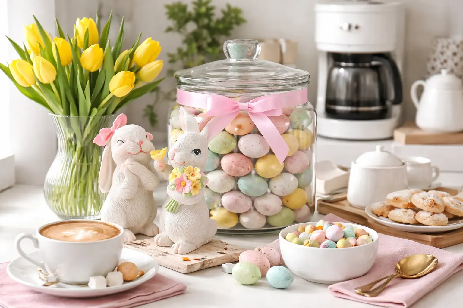 Frühlingshafte Kaffee-Ecke mit gelben Tulpen, Glasgefäß voller pastellfarbener Ostereier, zwei Osterhasen-Figuren und Cappuccino