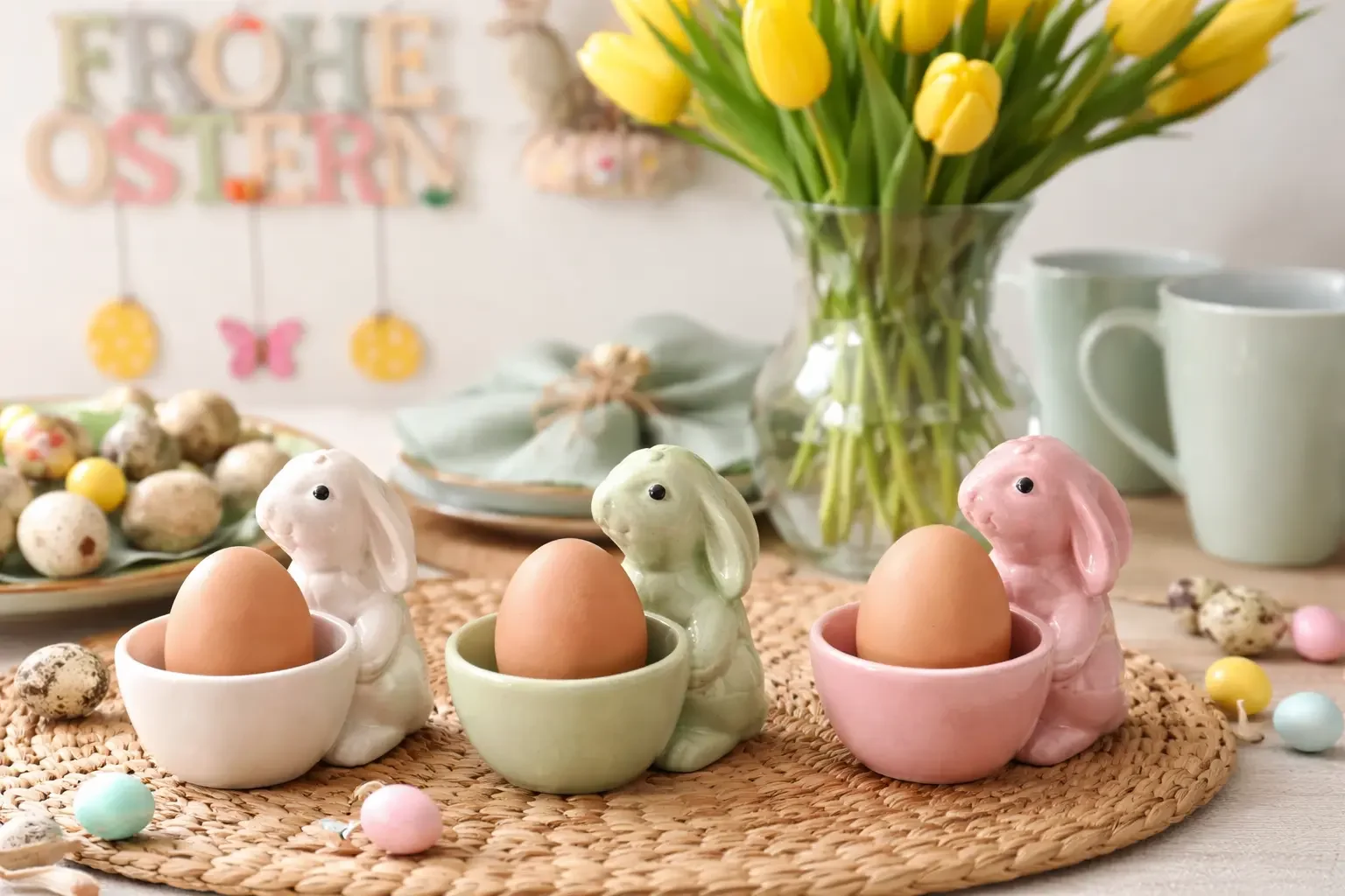 Drei pastellfarbene Eierbecher in Hasenform mit Eiern auf geflochtener Unterlage vor österlich dekorierter Kaffee-Ecke