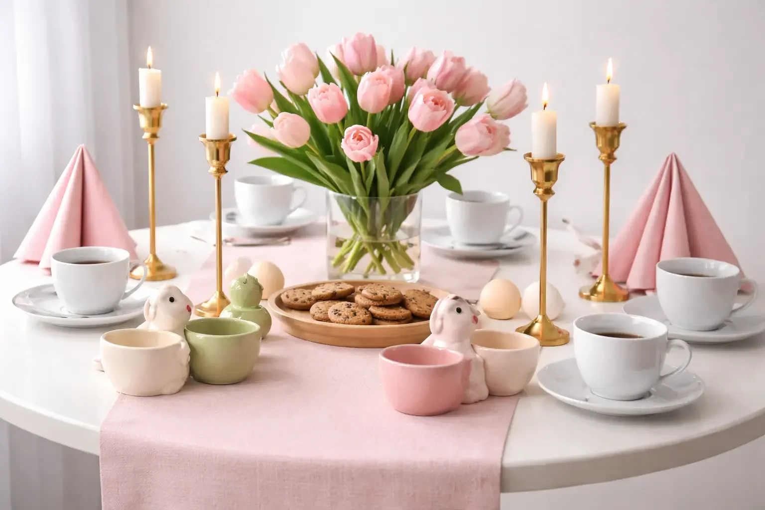 Osterlich gedeckter Tisch mit rosa Tulpen, goldenen Kerzenständern, Keksen und pastellfarbenen Eierbechern