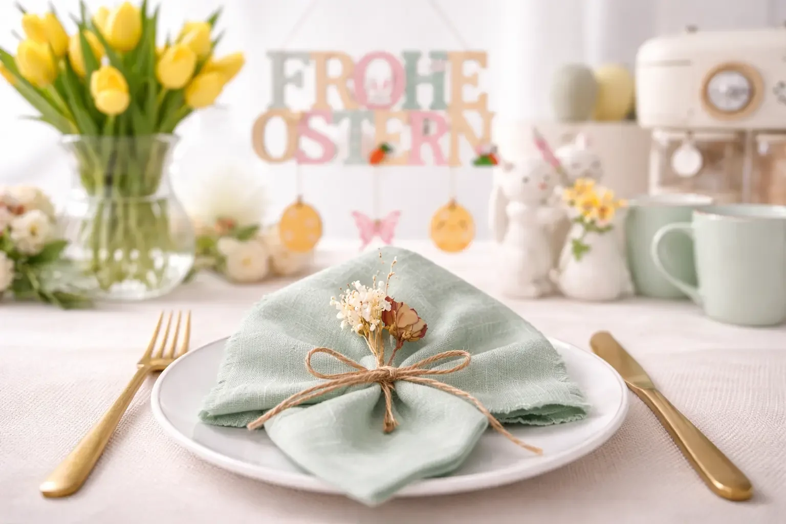 Mintgrüne Leinenserviette mit Schleife und Trockenblumen auf weißem Teller als elegante Oster-Tischdeko