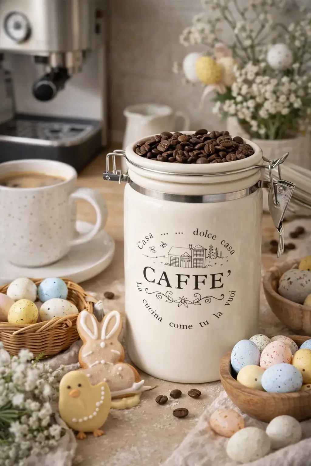 Keramische Kaffeedose mit Kaffeebohnen, Ostereiern und Gebäck als dekoratives Highlight der Kaffee-Ecke zu Ostern