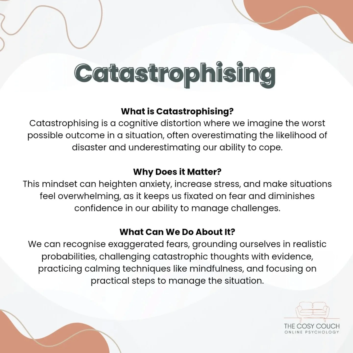Catastrophising is a common cognitive distortion that can feel overwhelming and significantly impact your well-being if left unaddressed.
Follow along as we explore more cognitive distortions and provide tools to help you thrive and become the best