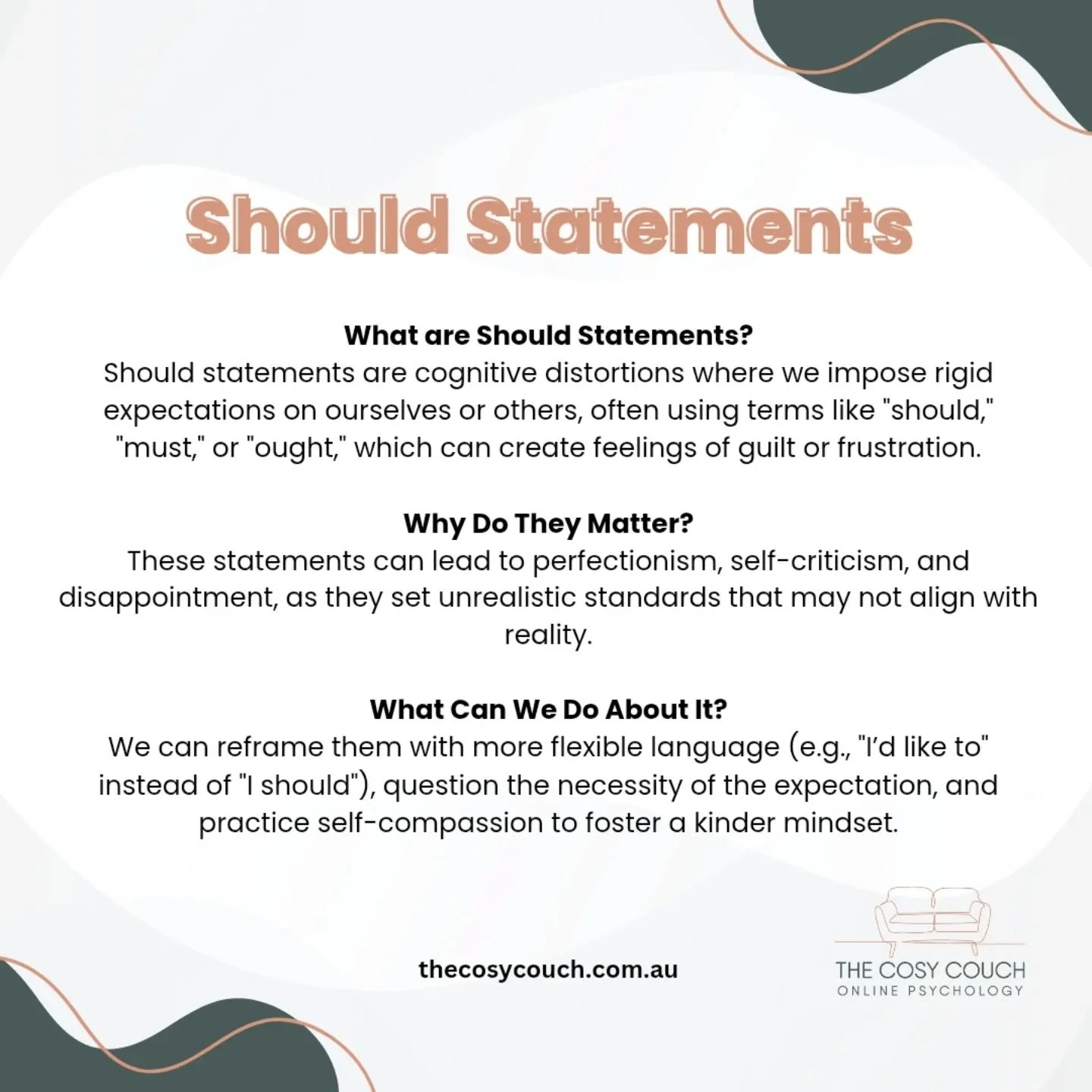 Stop "Should-ing" yourself! 🚫
Ever catch yourself thinking... 
❌ I should be more productive 
❌ I shouldn't feel this way 
❌ They should just understand me 
These "should" statements can trap you in guilt and frustration. Let'