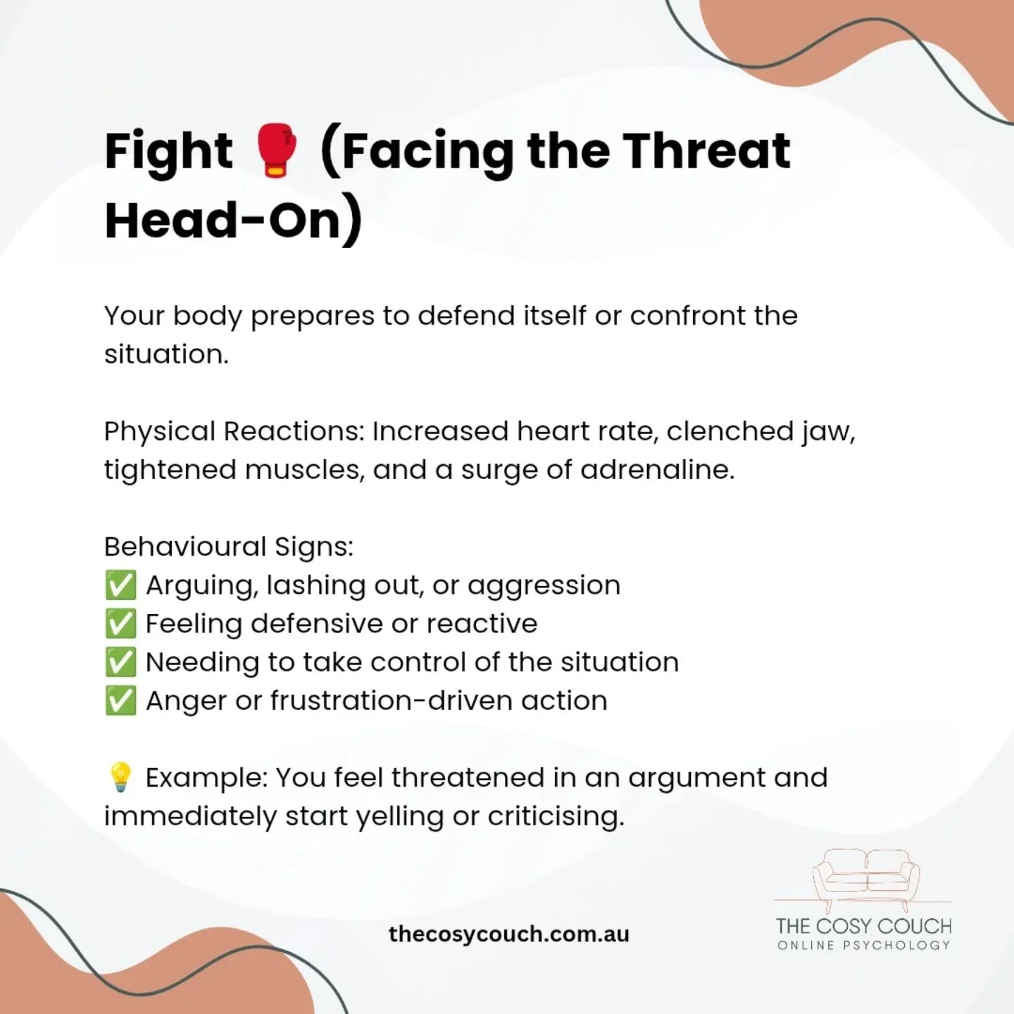 The fight-flight-freeze-appease response is the body's natural reaction to perceived threats, helping individuals survive and navigate stressful situations. 
Understanding our own response can help us recognise triggers, manage stress more effective