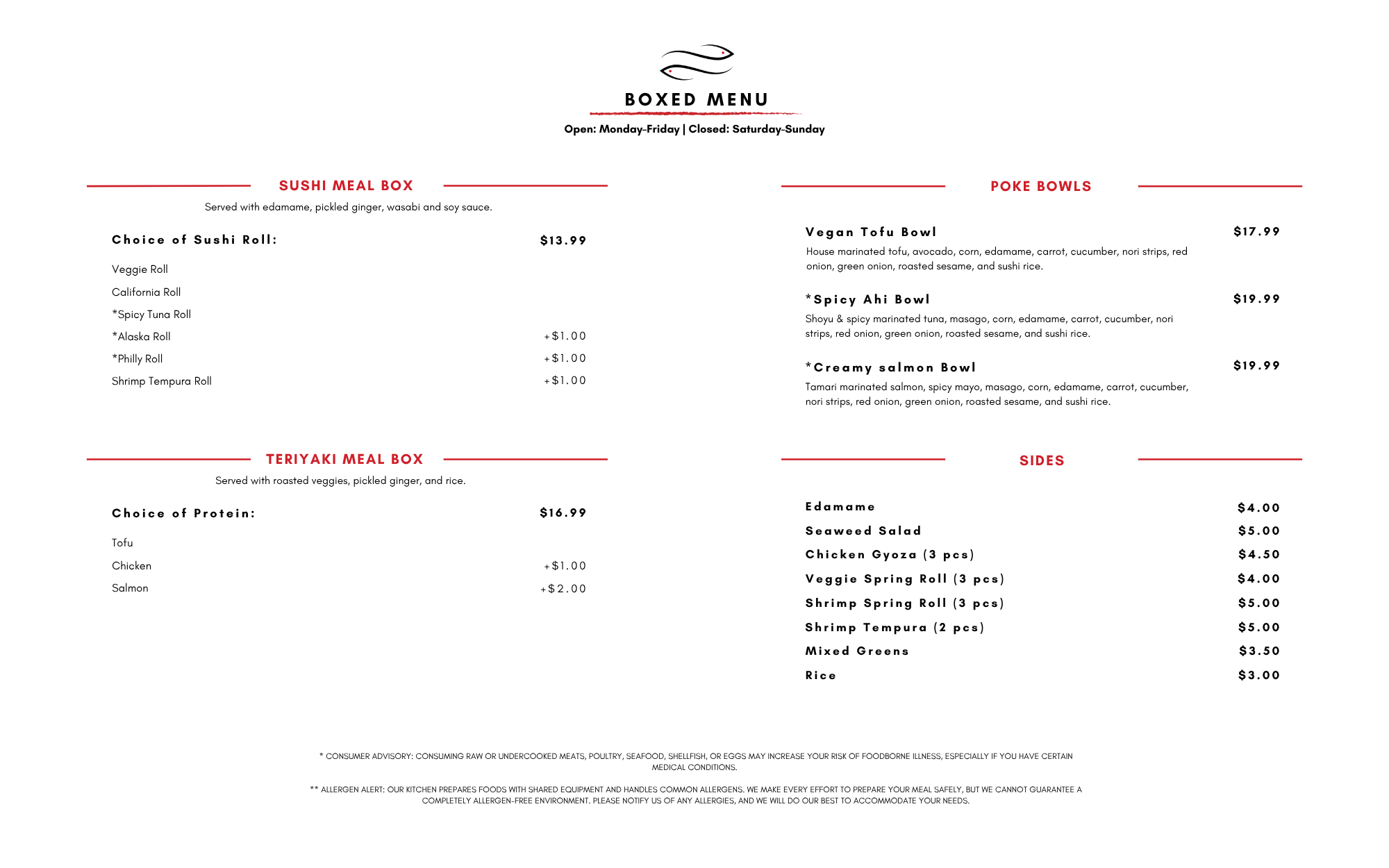 Boxed Menu Pricing