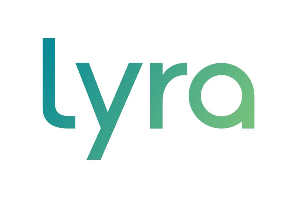 Close-up of the word 'lyra' in lowercase letters with a gradient from teal to green.
