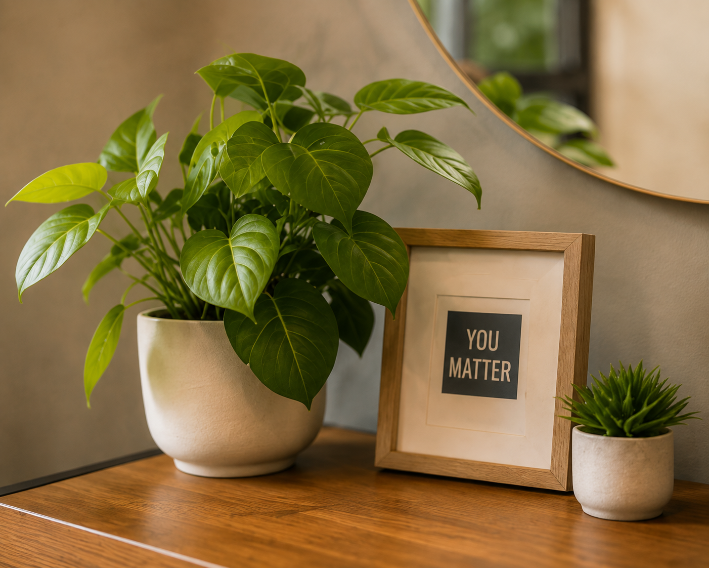 Decorative arrangement on a wooden surface featuring two green potted plants, a large Monstera deliciosa and a small succulent, with a framed sign that reads "You Matter" and a round mirror reflecting the interior.