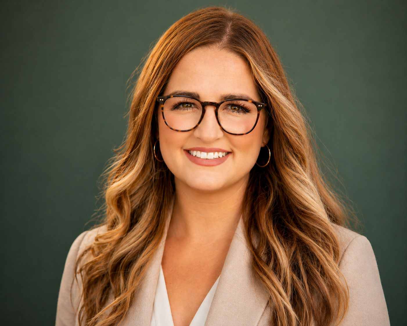 Headshot of a smiling woman with long wavy red hair, wearing glasses, hoop earrings, a beige blazer, and a white top, against a dark green background.
