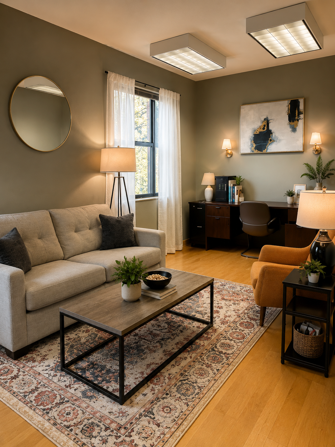 Living room with beige sofa, wooden coffee table, orange armchair, houseplants, and modern lighting fixtures.