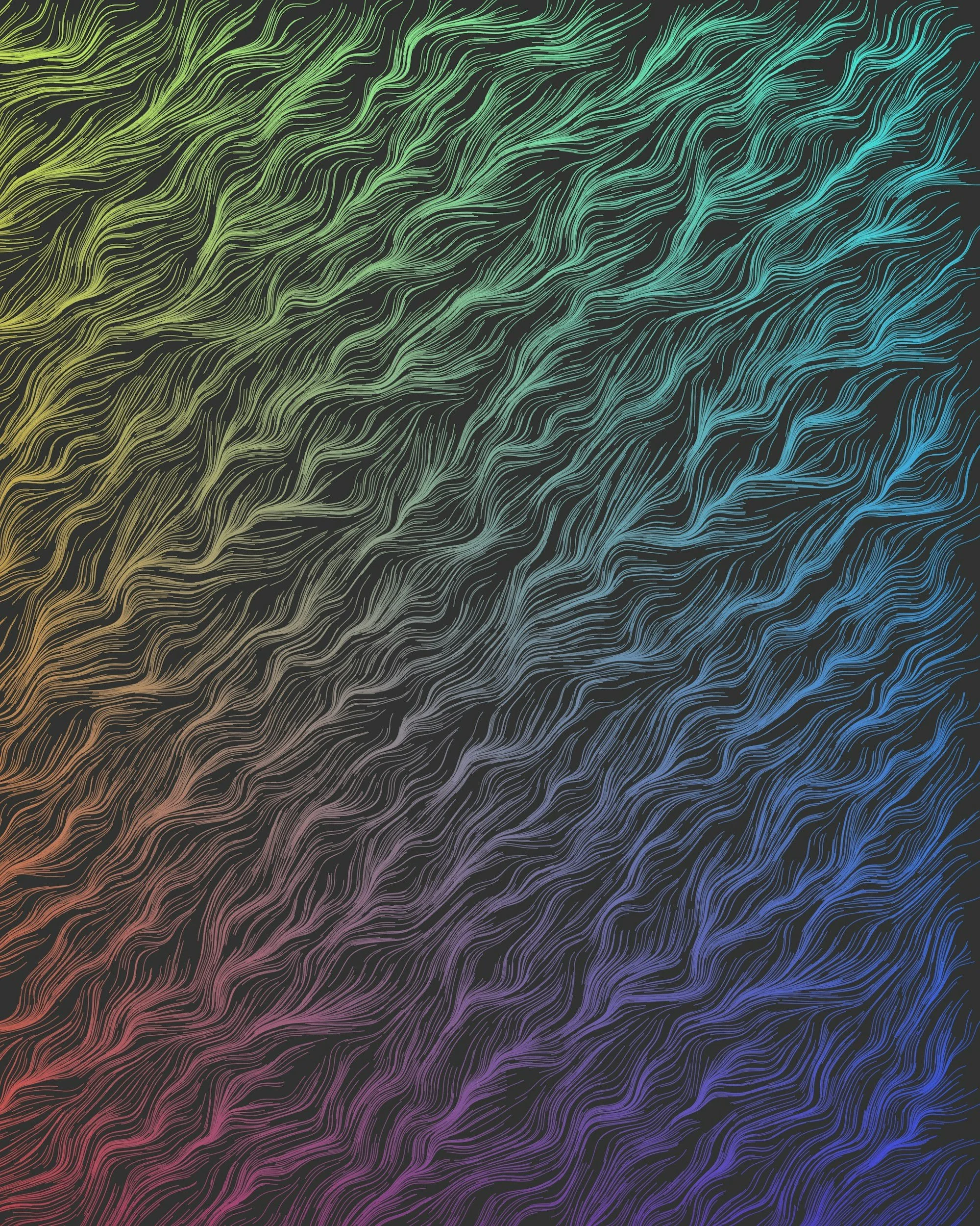 Patrón abstracto de líneas curvas y finas con colores en degradado de verde, azul, púrpura y rosa sobre fondo negro.