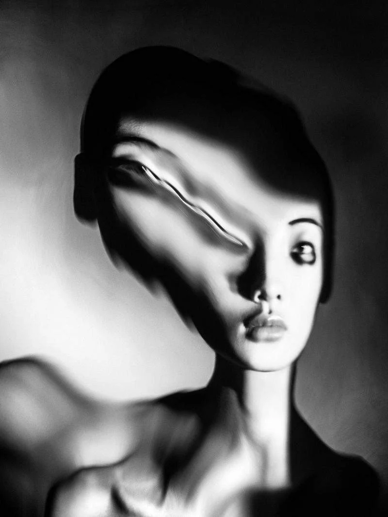 Retrato en blanco y negro de una mujer con rostro distorsionado por un efecto de movimiento y distorsión digital.