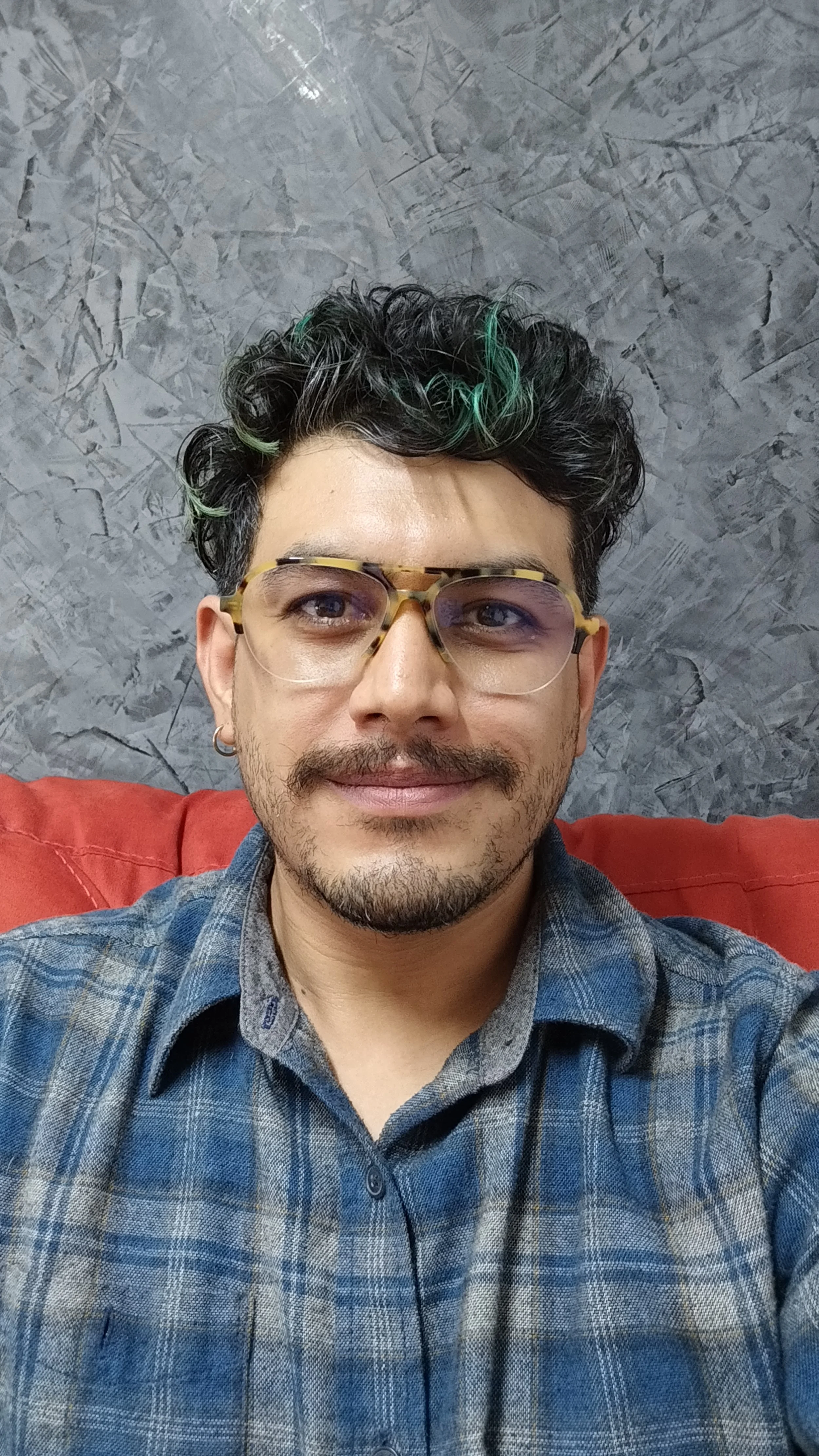 Retrato de un hombre con gafas, barba y bigote, con cabello rizado con detalles en verde, usando camisa de cuadros, sentado en un sofá rojo frente a una pared gris textura.