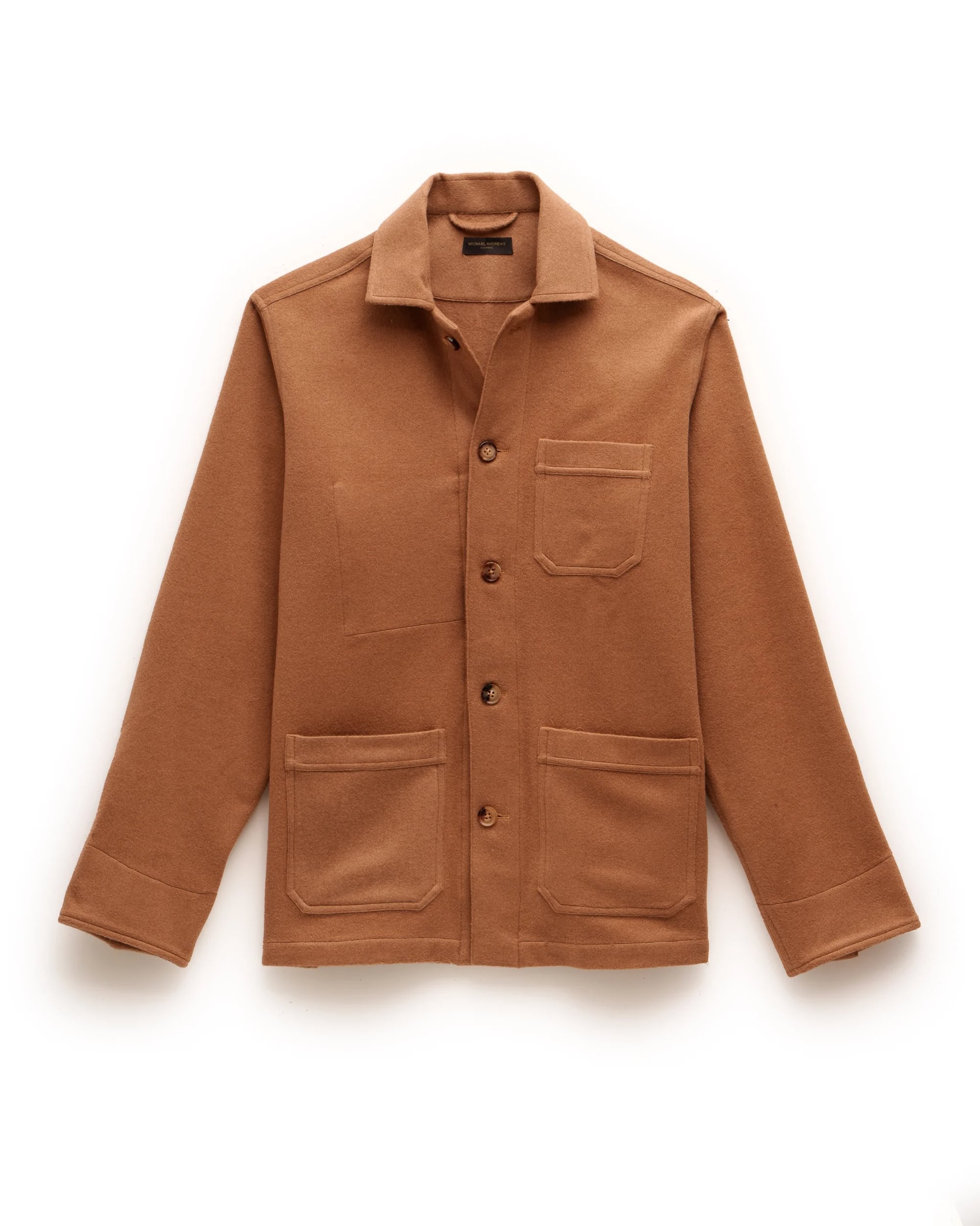 Brown wool shirt jacket with collar and three pockets