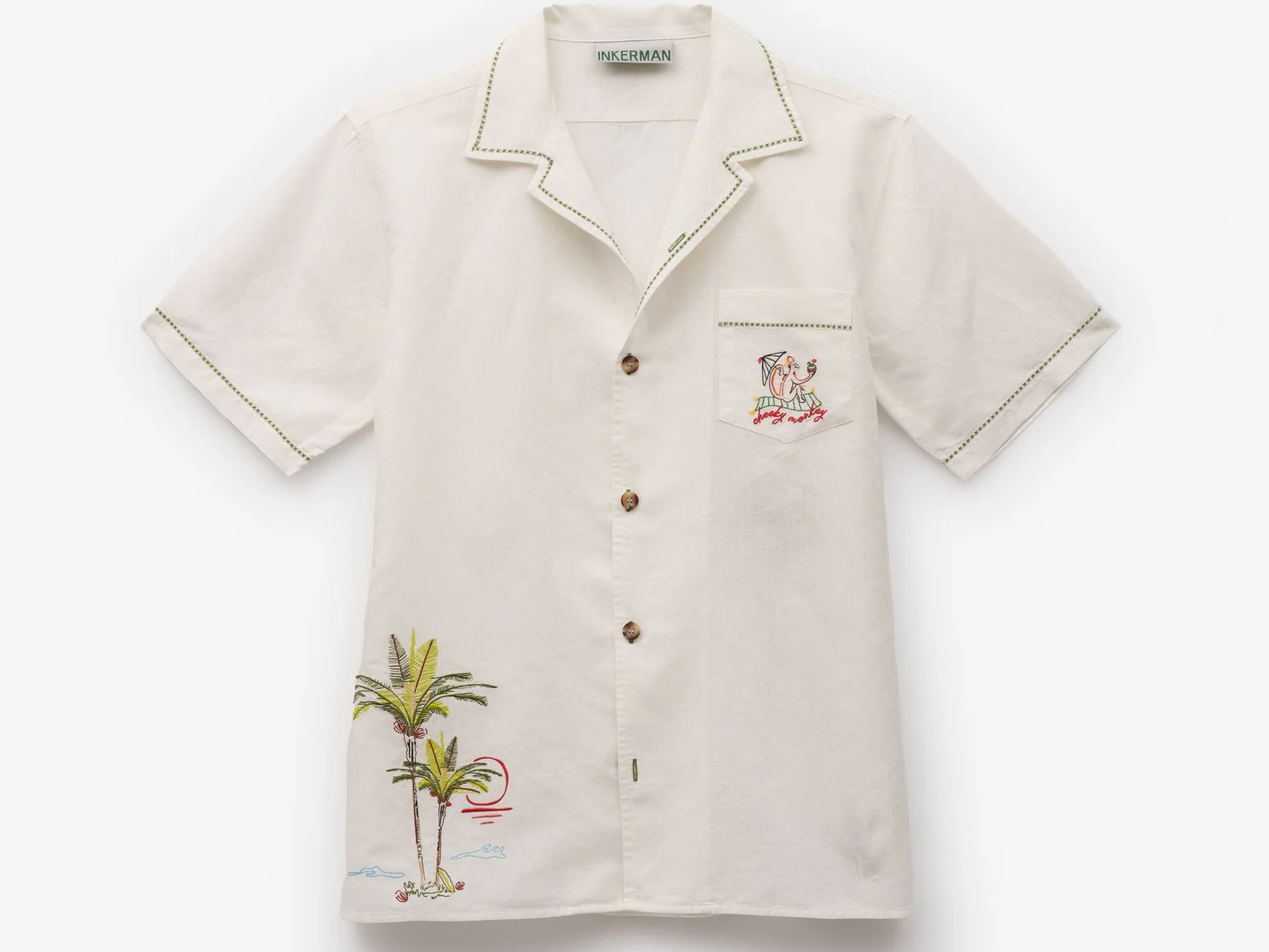 White short-sleeve shirt with embroidered palm tree and sun design