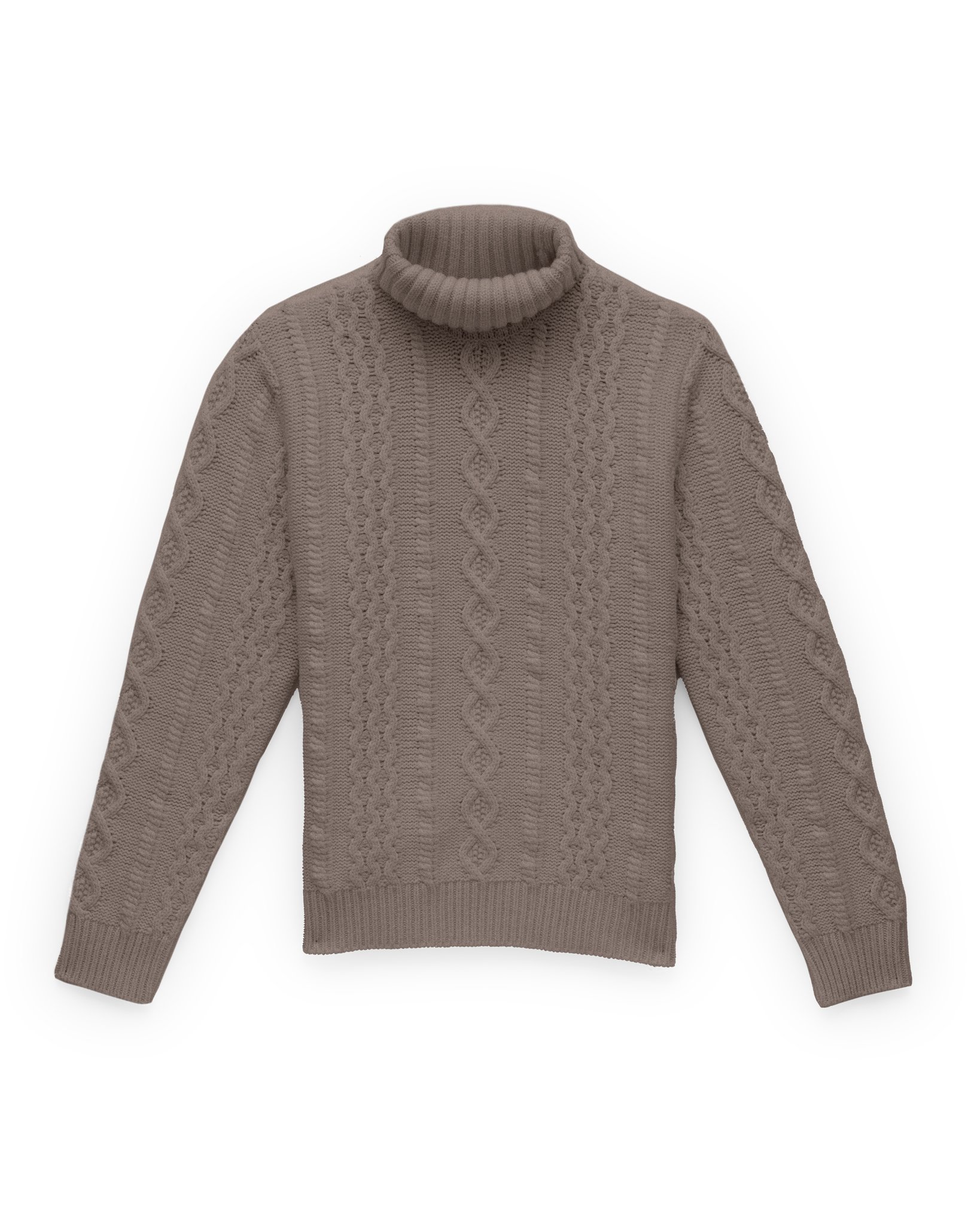 Brown cable knit turtleneck sweater on white background.