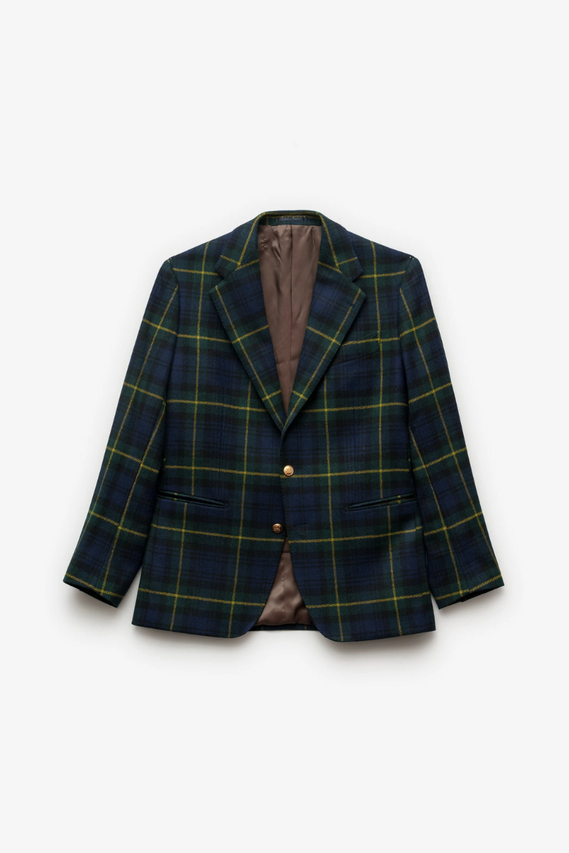 Blue and green plaid blazer with brown lining and gold buttons.