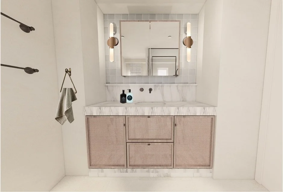 The master ensuite is evolving beautifully 💙 A fresh take on coastal luxury 💙

Soft blue mosaics, warm bronze tones and rattan-detailed timber bring texture and calm to this master ensuite. Calacatta Vagli marble ties it all together &mdash; layere