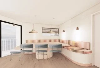From &ldquo;before&rdquo; to vision ✨ This corner of the Level 25 penthouse is now a warm, playful dining nook for 8. A curved built-in banquette softens the space, with a satin microcement base and terracotta tile insets adding texture and subtle co