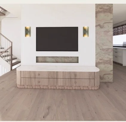 Updated concept for the upstairs living room and kitchen in our penthouse project. A new sculptural staircase, recycled green onyx reimagined as a feature niche, and layers of bold materiality - burnt copper glass tiles and soft pink linen blinds bri