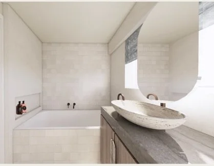 From &ldquo;before&rdquo; to vision ✨ This serene, compact bathroom has been reimagined as a layered retreat. Ocean blue travertine with silvery veins anchors the vanity and shower, paired with soft white lily mosaics, limestone-look floors, and slee