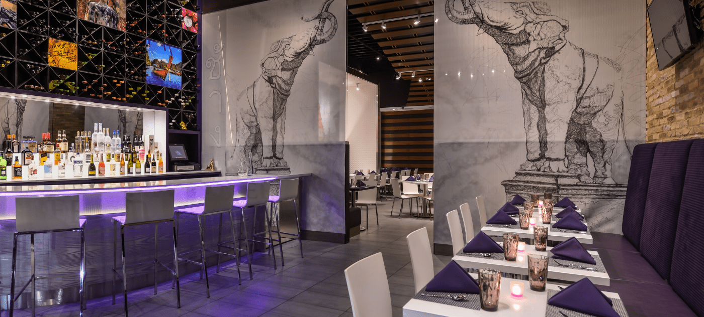 Modern restaurant interior with bar, ambient lighting, and beautiful atmosphere