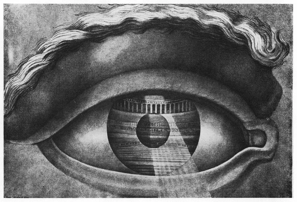  Interior of the municipal theatre of Besançon (built by Ledoux in 1784), seen in the mirror of an eye. 