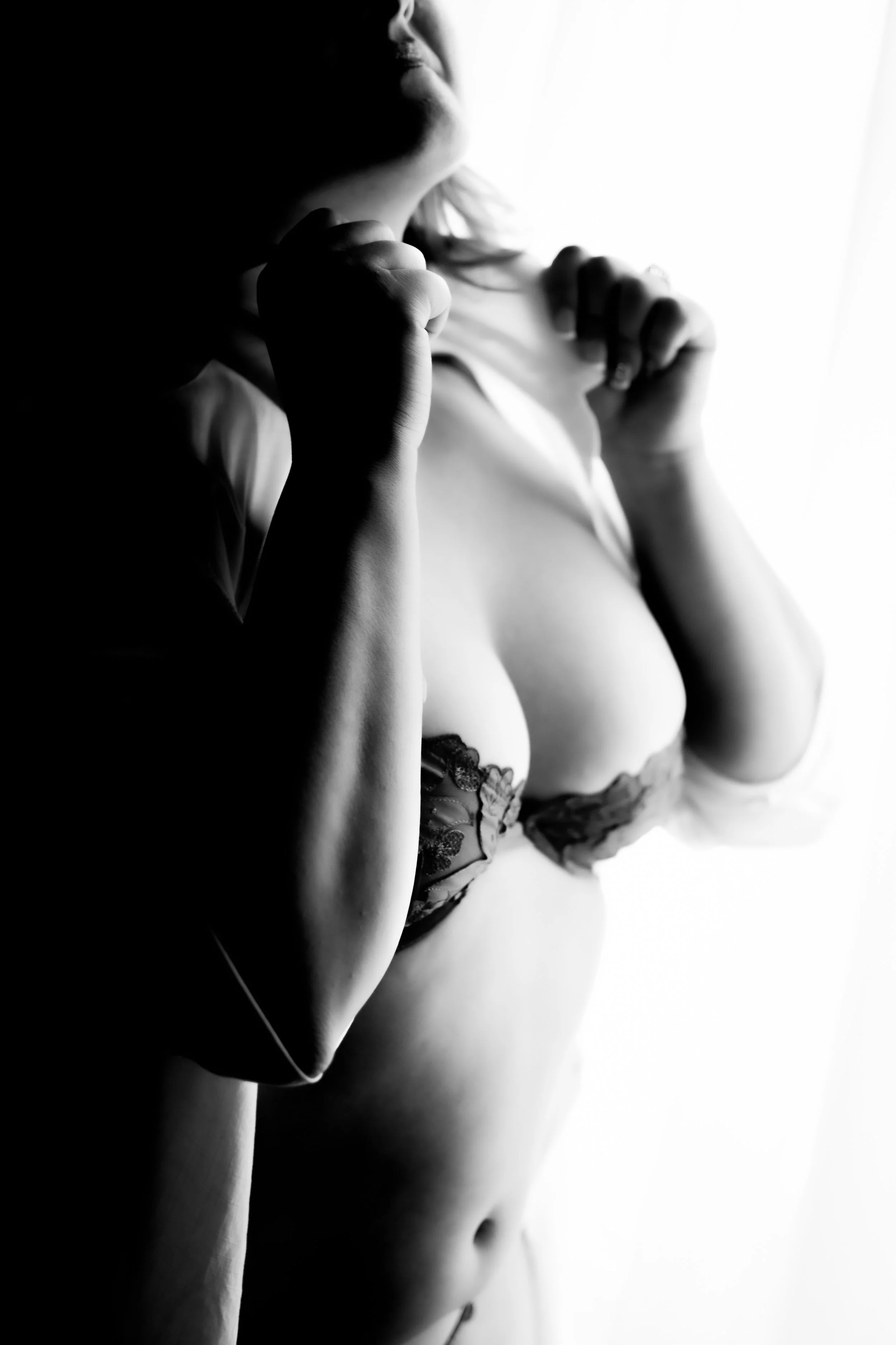 Black and white boudoir portrait with lingerie by number one photographer in Tucson, luxury photography