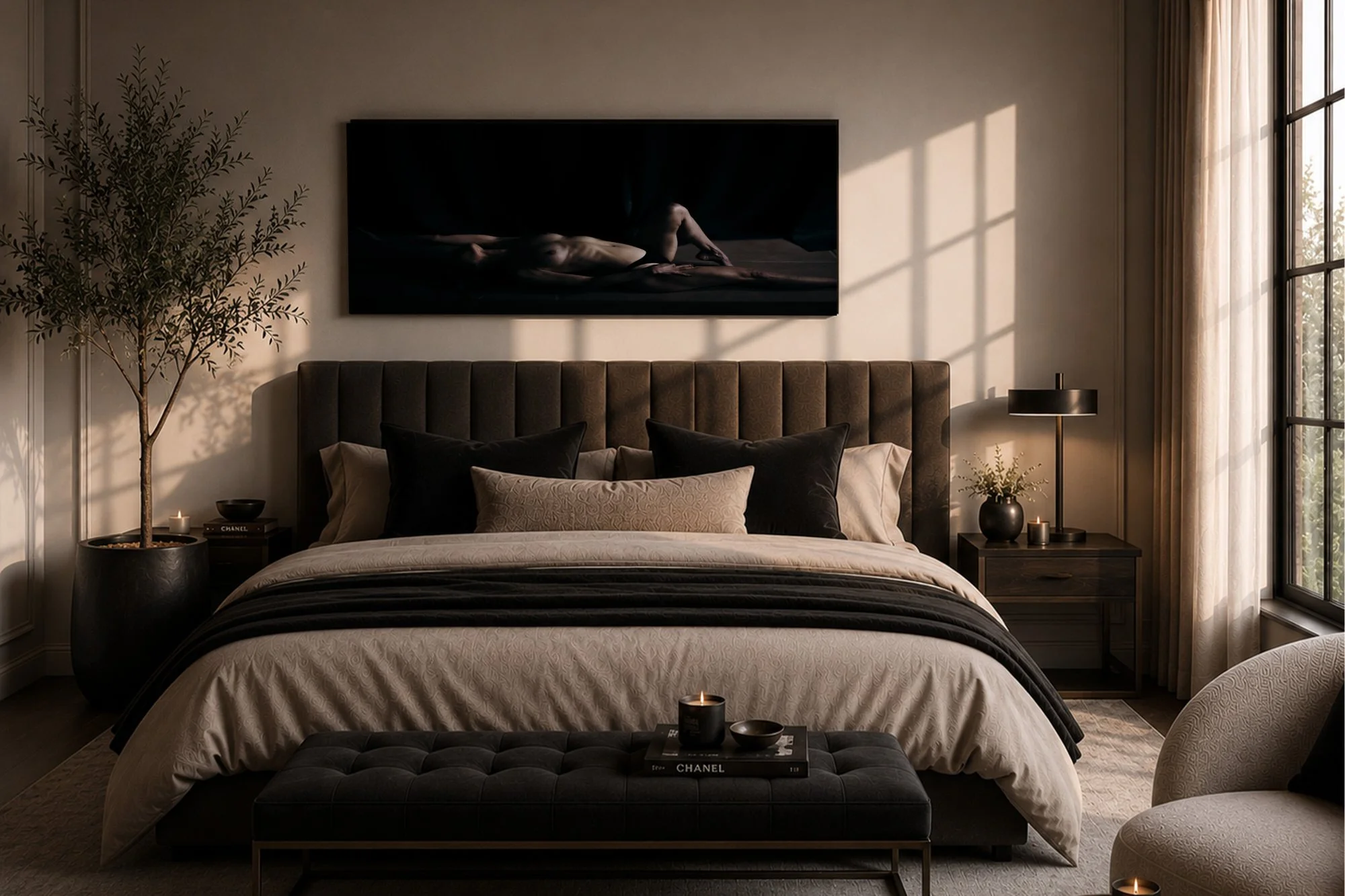 Luxury boudoir wall art displayed above a bed in a modern bedroom by Tucson boudoir photographer Rebekah Ayantola.