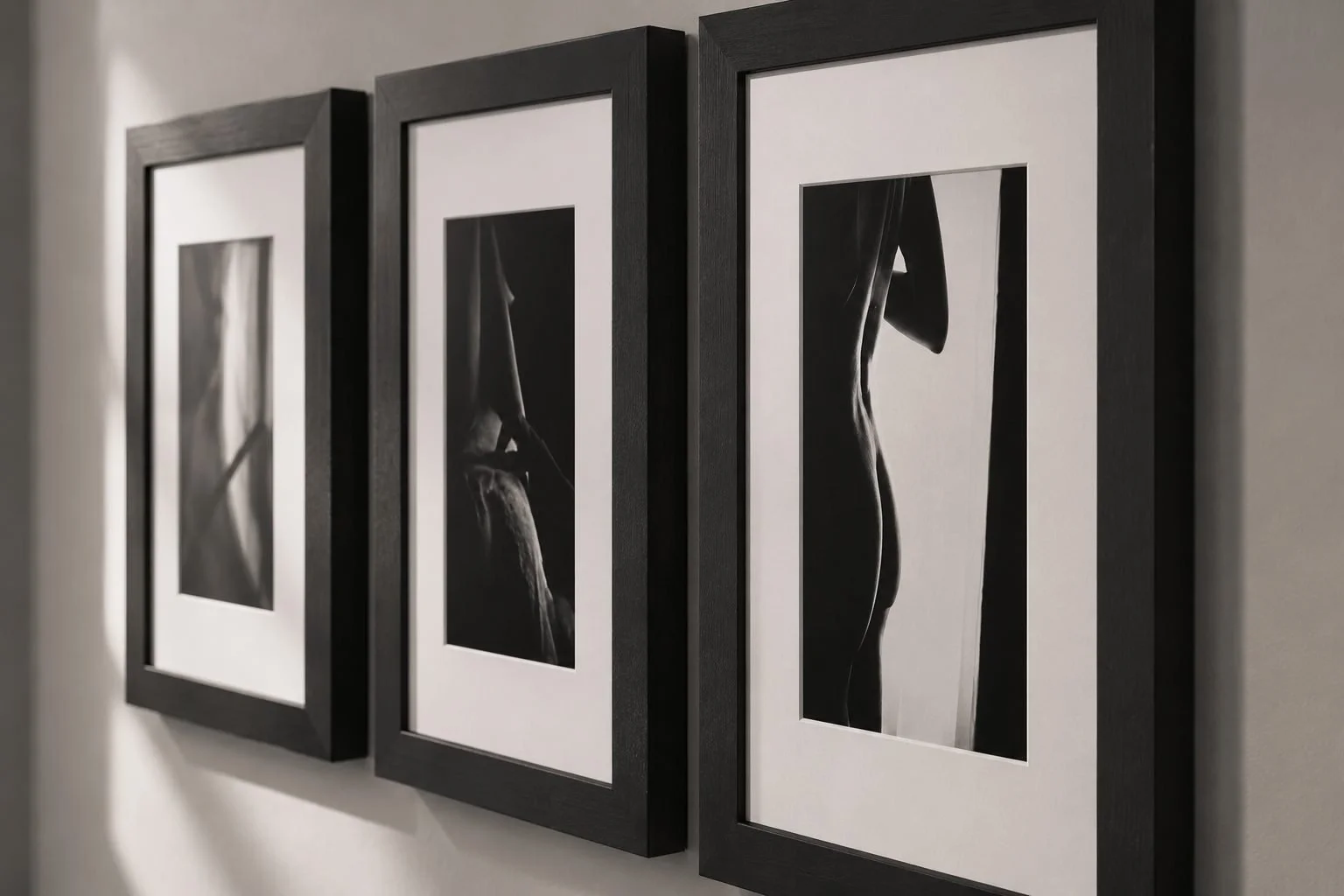 Gallery wall featuring three framed fine art boudoir portraits by Tucson photographer Rebekah Ayantola.
