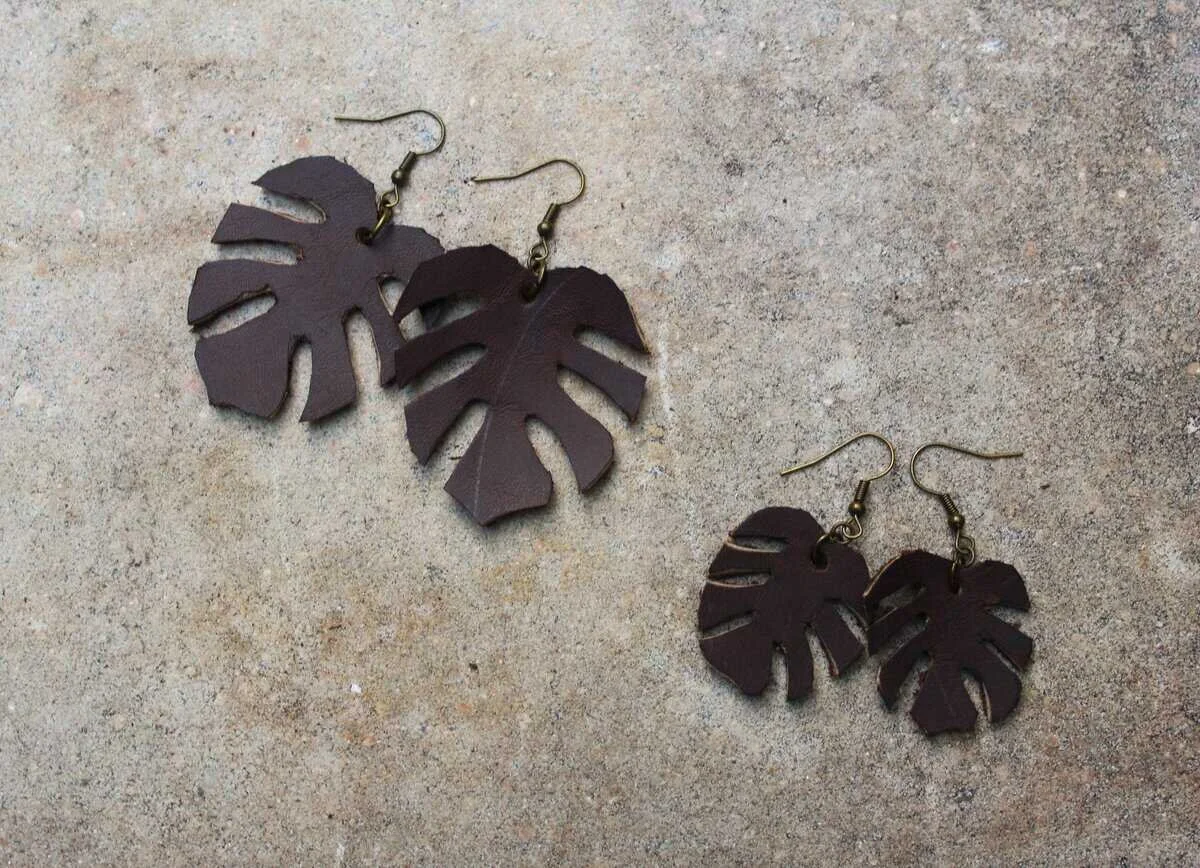 Dark Brown Monstera Earrings Large & Mini.JPG