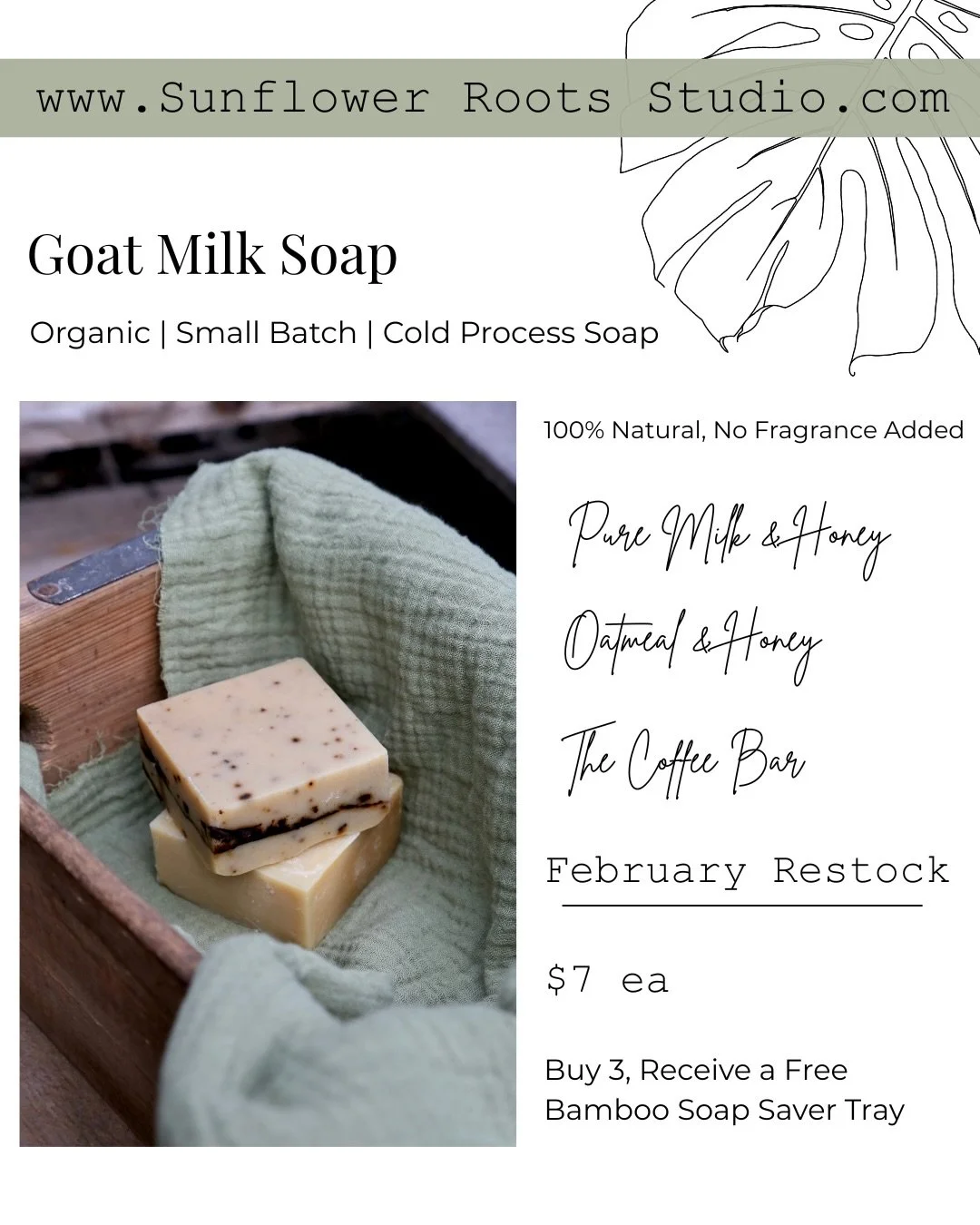 New Porch Pickup Dates: Tuesday Feb 3, 9am-Noon &amp; Tuesday Feb 10, 9am-Noon.
We&rsquo;re so excited to collaborate once again with our friend @willowtable_florida to bring you a batch of Natural Goat Milk Soap, along with some beautiful fresh bake