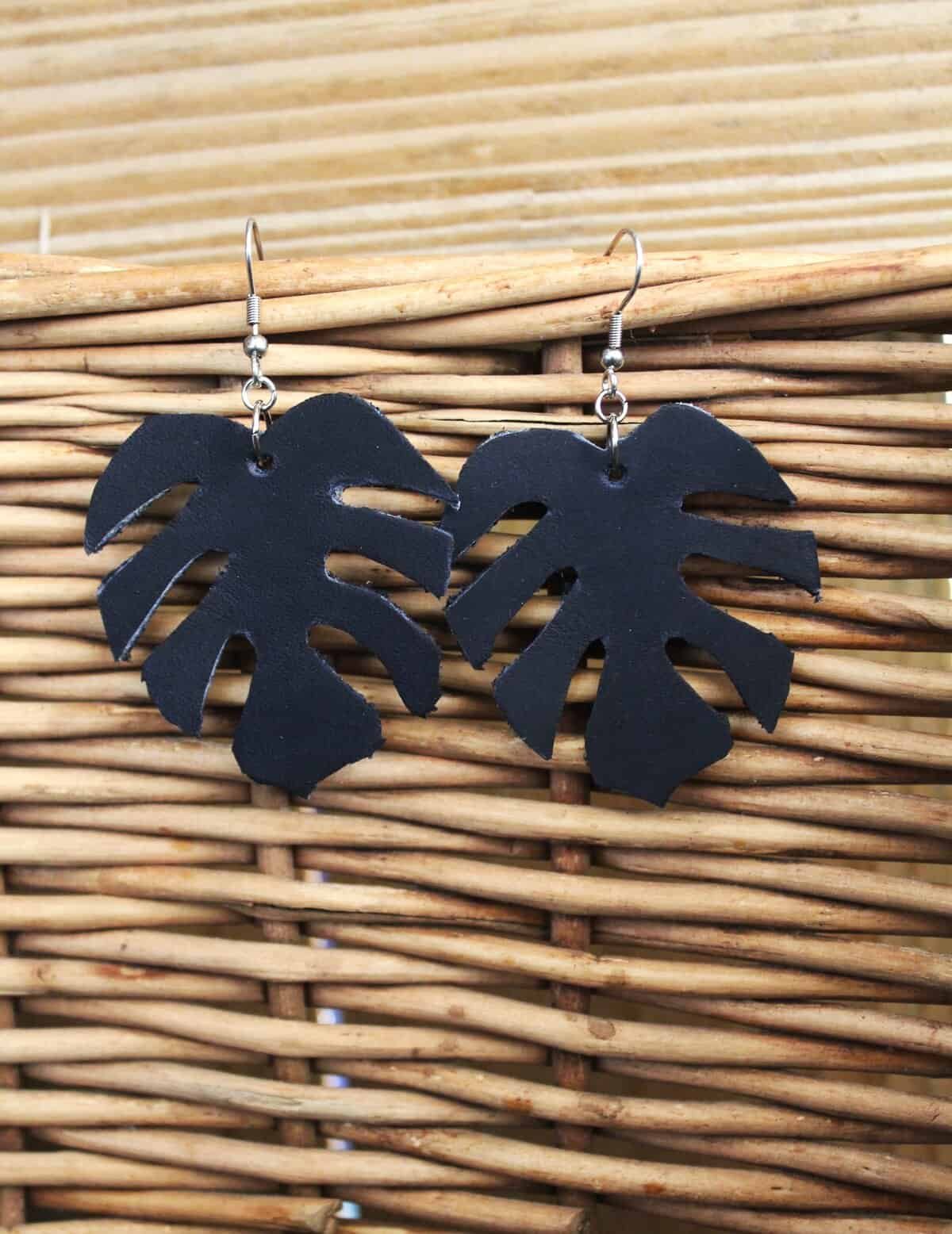 Dark Navy Monstera Earrings 2.JPG