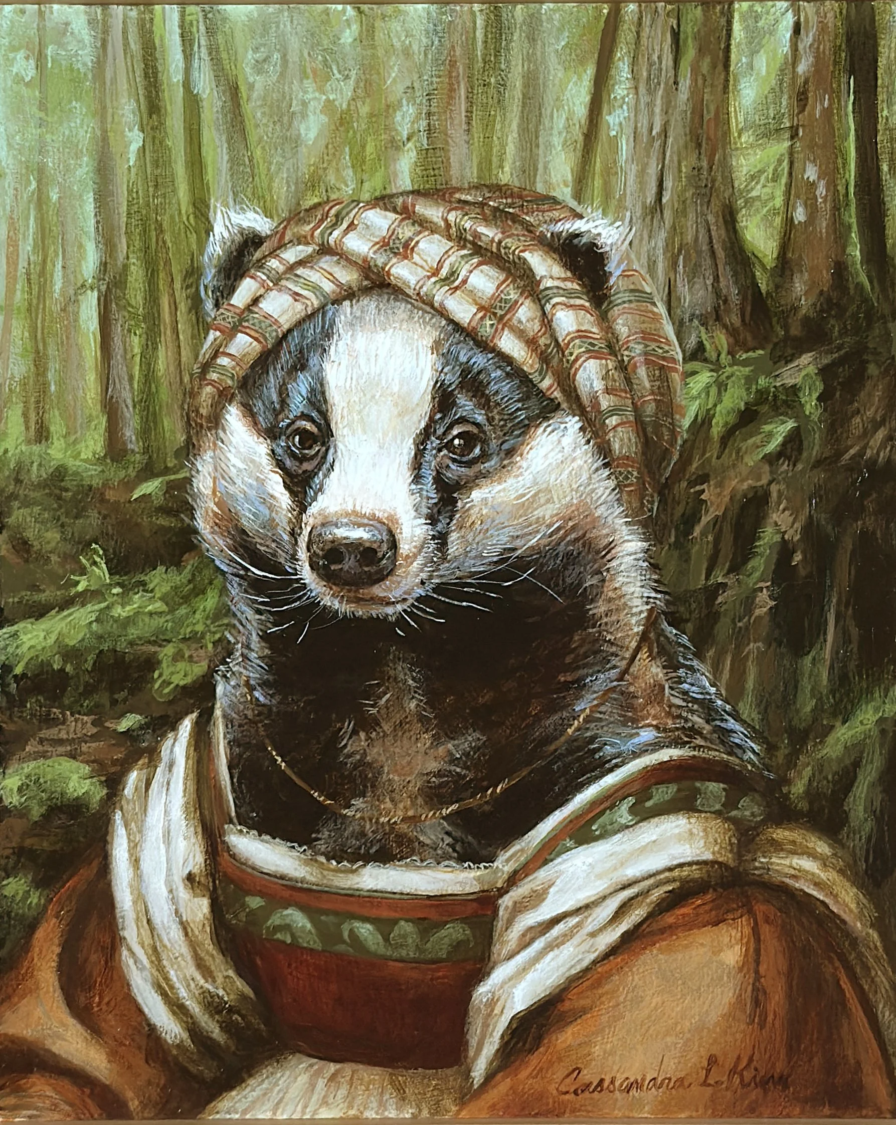Painting of a raccoon dressed in clothing with a checkered cap and some kind of coat, set against a forest background. Sisters Oregon Art Gallery