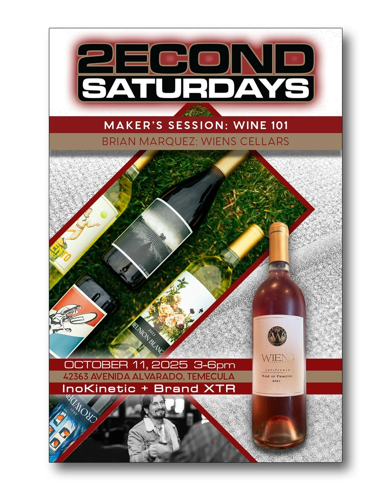 🍷 2ECOND SATURDAYS | October 11 | 3-6pm
 Join us at Brand XTR for our next Wine Craft Talk, featuring Wiens Winery!
Hear directly from the winemaker about the craft, passion, and process behind their award-winning wines and enjoy a relaxing time wit