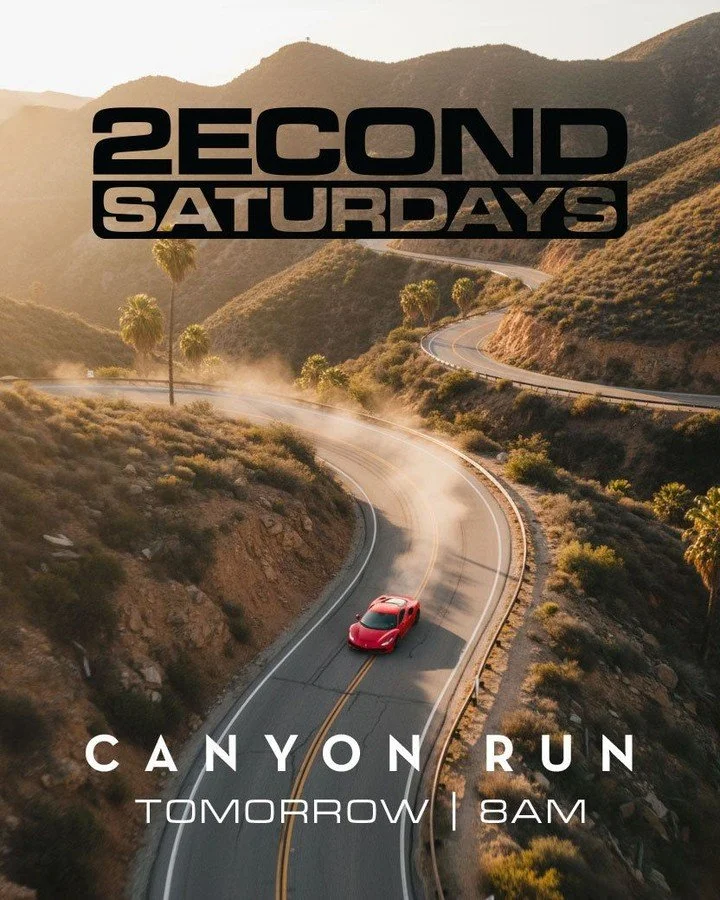 Tomorrow we trade sidewalks for switchbacks. 🏁🌄

Second Saturdays is hitting the canyon with a group run hosted by @inokinetic_group. Tight roads, open throttle moments, and a lineup of cars that sound even better echoing off canyon walls. It&rsquo