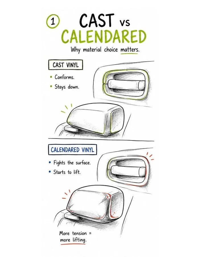 CAST vs CALENDARED VINYL 👀

At first glance, they can look almost identical.
But once you put them on curves, compound surfaces, rivets, or vehicles exposed to heat and sun&hellip; the difference shows up fast.

Cast vinyl is engineered for long-ter