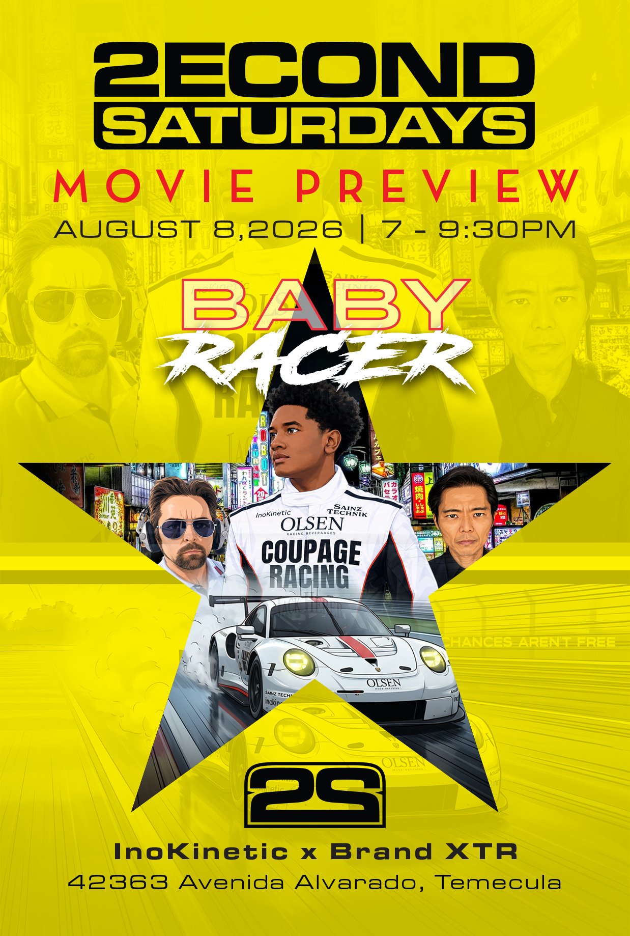 Poster for the event '2nd Saturday Movie Preview' on August 8, 2026, from 7 to 9:30 PM at 42363 Avenida Alvarado, Temecula. Features a racing theme with a white race car, a woman in racing gear, and two men, one with glasses and headphones, the other in a suit, against a city background with Japanese signs.