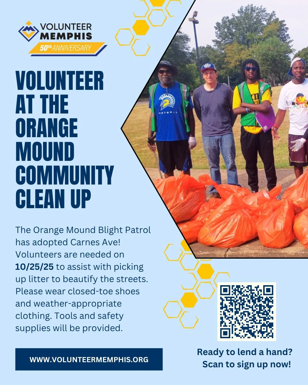 🧹 Join the Orange Mound Community Cleanup!

📅 Oct. 18 | 9&ndash;11 AM | Saratoga Ave &amp; Grand St
Partner with the Orange Mound Blight Patrol to help beautify the neighborhood!

All supplies provided &mdash; just bring your energy and closed-toe 