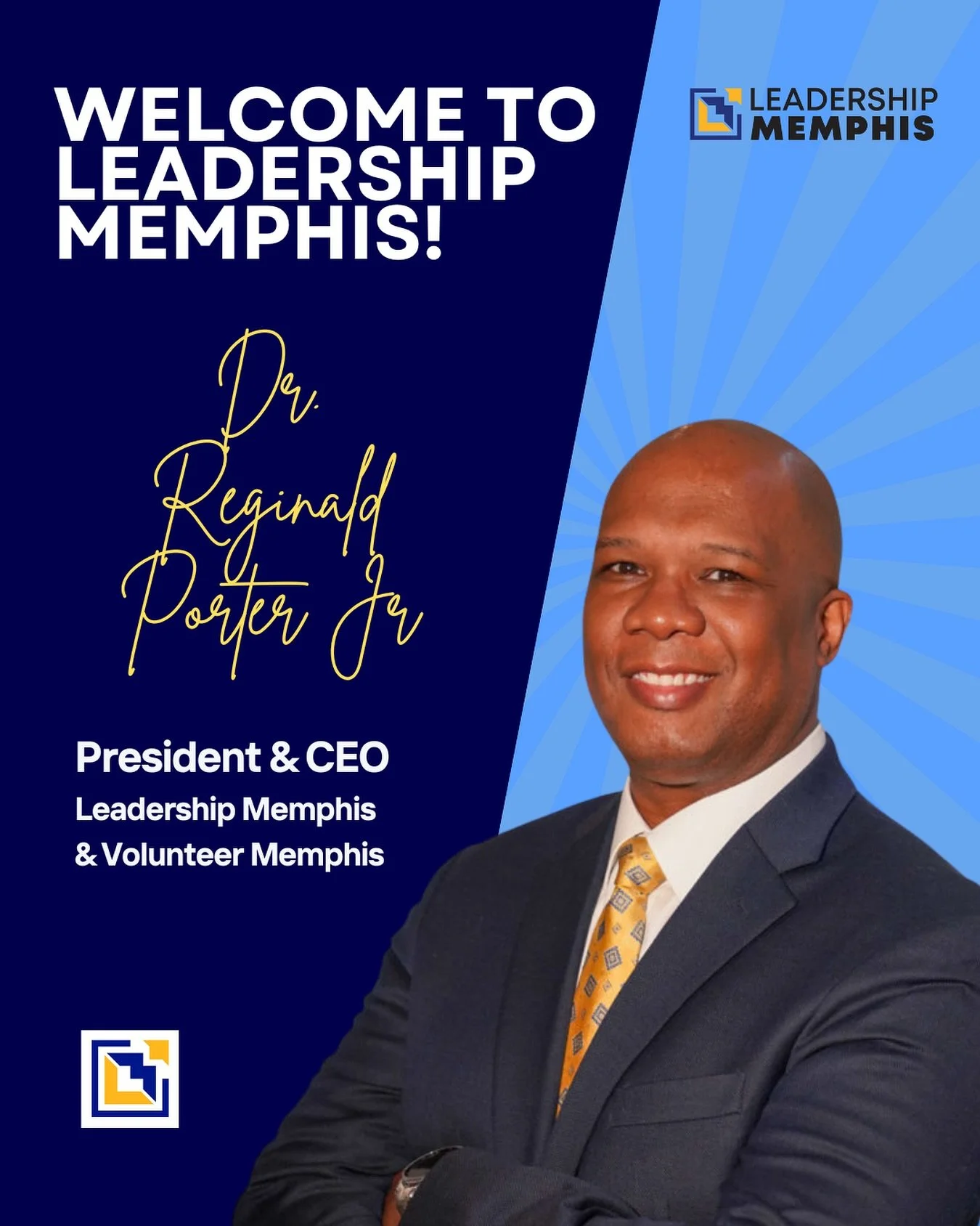 Please join us in welcoming Dr. Reginald Porter Jr. as the new President &amp; CEO of Leadership Memphis and Volunteer Memphis! 

We look forward to his strategic vision and deep dedication to our community.